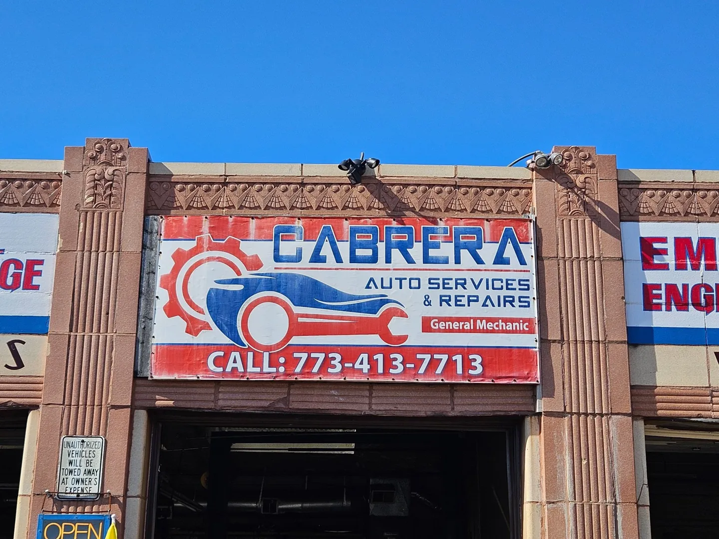 Cabrera Auto Services and Repairs sign displaying the shop’s phone number